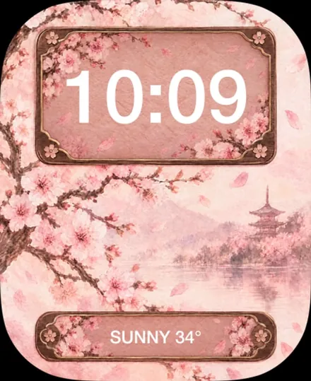 Cherry blossom branches and a pagoda by a lake, with the time and the weather