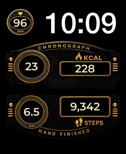 Black and gold panels showing steps, calories, distance and heart rate