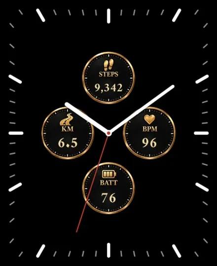 A black and gold dial with four small dials for steps, distance, heart rate and battery